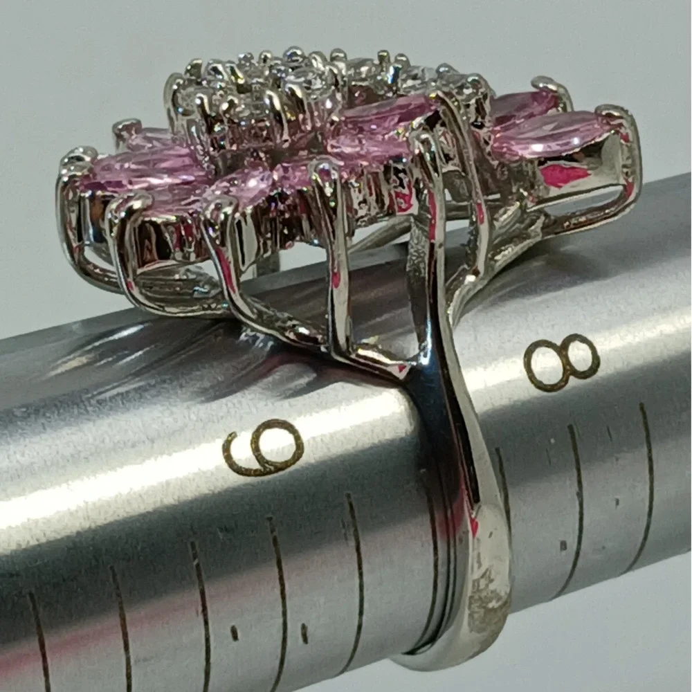 Vintage 1990s Pink Marquise Floral Swirl Cocktail Ring Silver Statement Size 8.5
